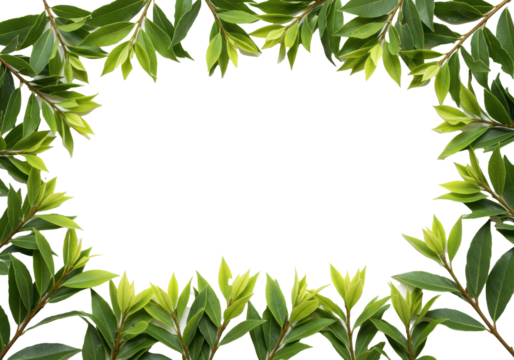 Vibrant green laurel branches, glossy dark mature and tender light new growth, pristine, frame central copy space on transparent, soft studio light. Concept of natural freshness and purity