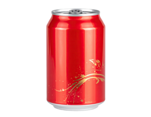 Shiny red can with gold design against black backdrop