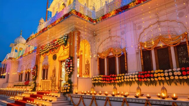 Elaborate architectural building adorned with vibrant floral decorations and subtle lighting