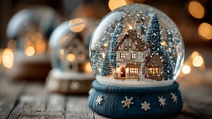 Festive snow globe with a glowing miniature cottage and evergreens in sparkling snow, set against warm golden bokeh for a cozy, magical christmas scene - Powered by Adobe