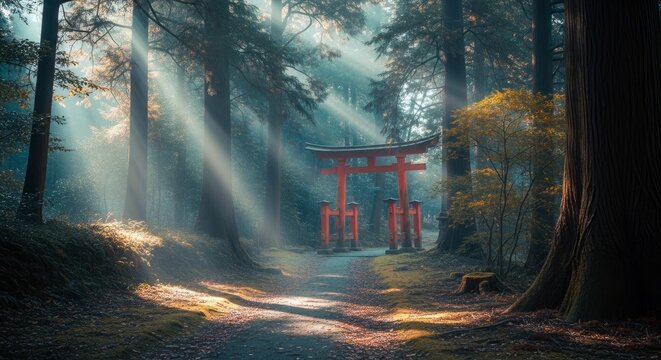 A red Torii gate stands at the end of a path in a misty forest, with sunbeams streaming through the trees, creating a serene and mystical atmosphere.