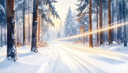 Snowy path through winter forest with sunlight shining