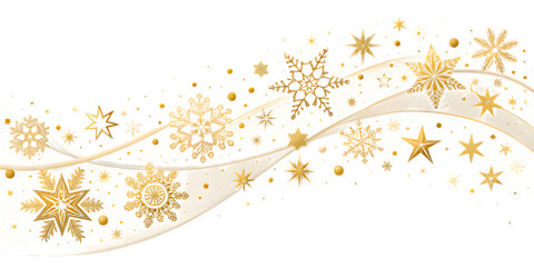 Golden snowflakes and stars on a wavy black background