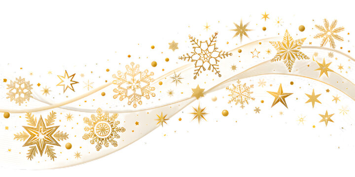Golden snowflakes and stars on a wavy black background