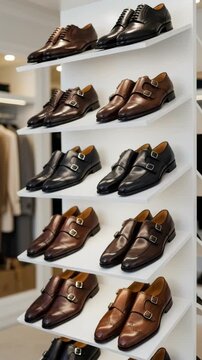 Display of formal shoes on shelf, vertical shot