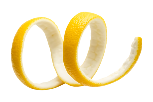 Yellow lemon peel spirals gracefully, appearing  and floating isolated image on a transparent background