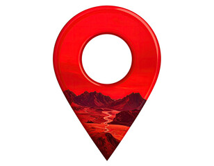 Red map pin; desert landscape within, opaque background