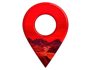 Red map pin; desert landscape within, opaque background