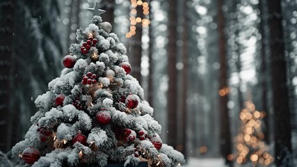 Snowy evergreen tree branches adorned with red ornaments, berries, and lights, holding a wooden sign with merry christmas text, capturing festive spirit of winter holidays greeting card background - Powered by Adobe