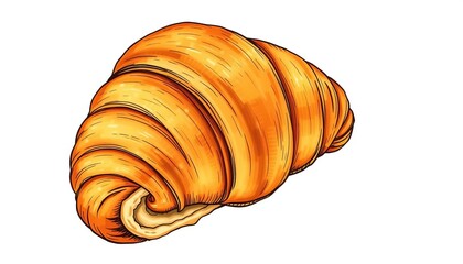 A rustic, hand-drawn illustration of a golden-brown croissant, showcasing flaky layers and a buttery texture, morning, food photography