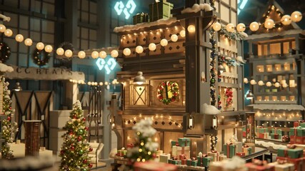 Miniature christmas sale village model showing festive holiday season with gifts conveyor belt, decorated fir trees, snow, and bokeh lights creating a magical winter wonderland scene - Powered by Adobe