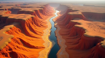 Aerial view of a vast desert canyon with a winding river below