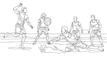 Continuous black line art of five friends playing beach volleyball, dynamic action, summer sports illustration
