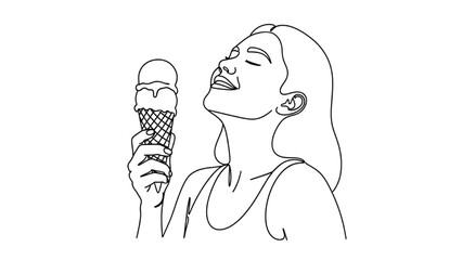 Continuous black line art of a person holding an ice cream cone, joyful summer vibes illustration