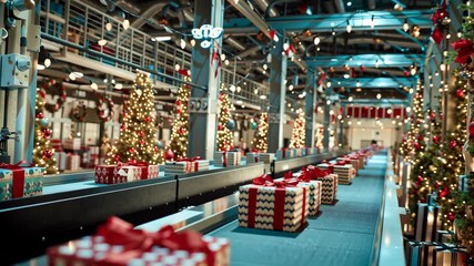 Christmas sale holiday gifts moving on a factory conveyor belt system, preparing for festive season delivery, with shimmering bokeh lights and decorated trees - Powered by Adobe