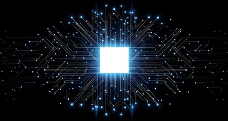 Abstract glowing central processor chip with intricate luminous circuit board pathways radiating outwards in a dark futuristic digital network
