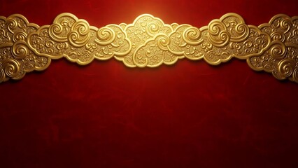Luxurious golden embossed clouds with traditional Asian patterns on a vibrant red background, perfect for festive designs and celebrations