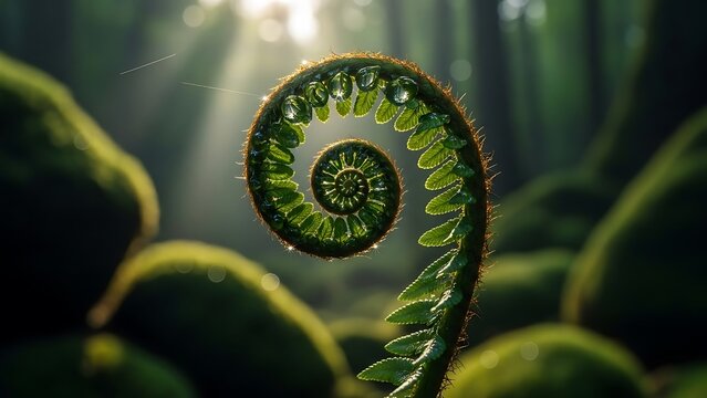 Close up of a fern unfurling in the forest sunlight - Powered by Adobe