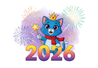 Cute blue cat wearing a crown and holding a wand with 2026