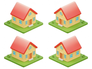 Four isometric 3d cartoon houses on green grass for home property concept