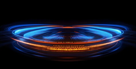 Abstract swirling vortex of vibrant blue and orange light trails creating a mesmerizing futuristic energy portal on a dark background