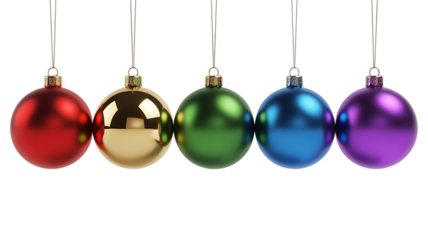 Five colorful oval Christmas ornaments isolated image on a transparent