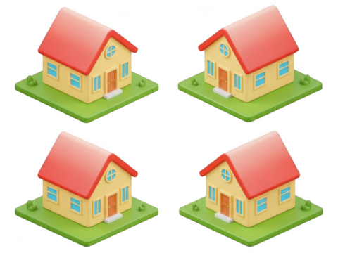 Four isometric 3d cartoon houses on green grass for home property concept - Powered by Adobe
