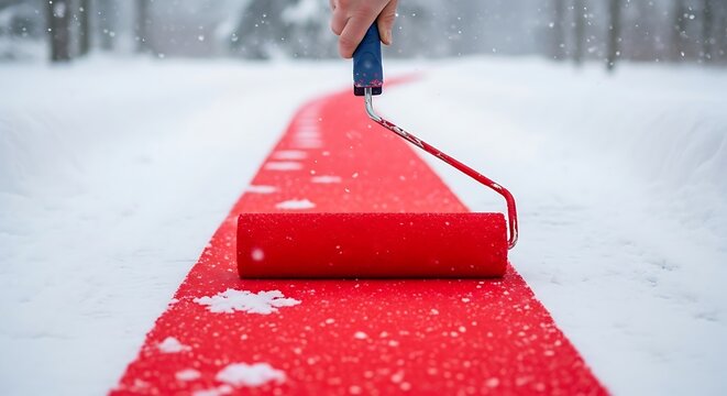 Person pulling a bright red sled through a snowy winter forest landscape