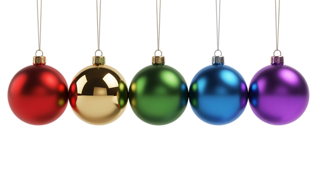 Five colorful oval Christmas ornaments isolated image on a transparent