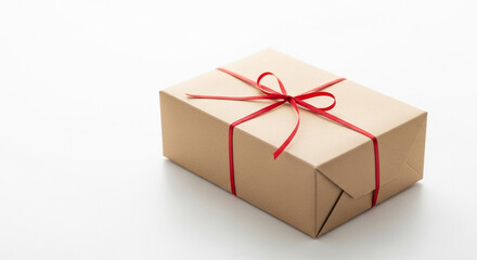 Obraz premium Brown gift box wrapped with red ribbon on white background 