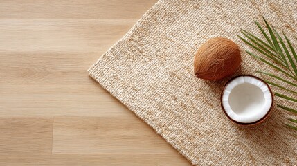Coconut fruit, whole and halved, placed on a textured natural mat with green palm leaves, creating a tropical ambiance and inviting culinary inspiration for healthy recipes