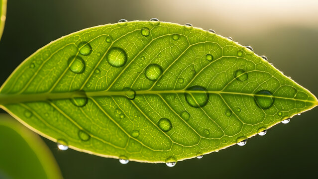 Close up of a green leaf with water droplets showing intricate detail - Powered by Adobe