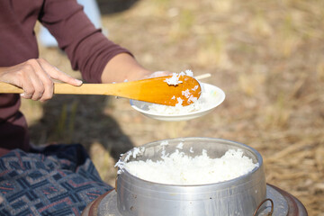 炊き立てのごはんをよそう女性
