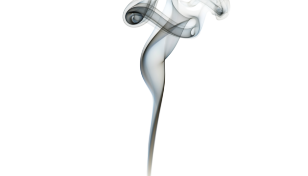 Elegant dark grey smoke wisp, subtly highlighted blue and white, gracefully rising and swirling into intricate, isolated on transparent background