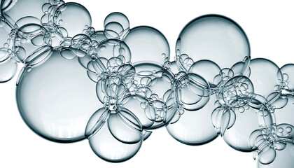 Transparent, sparkling, clean liquid bubbles of various sizes clustered, forming a delicate organic pattern ., isolated on transparent background