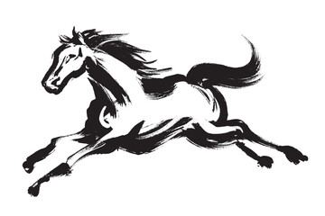 筆で描いたダイナミックに走る馬のモノクロイラスト