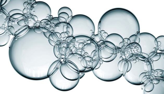 Transparent, sparkling, clean liquid bubbles of various sizes clustered, forming a delicate organic pattern ., isolated on transparent background