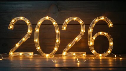 Glowing 2026 new year celebration animated with festive lights against a rustic wooden backdrop - Powered by Adobe