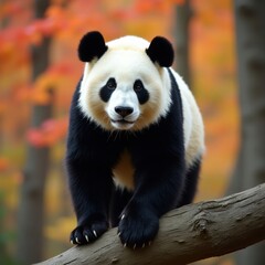Obraz premium Giant panda sitting on a tree branch in autumn forest