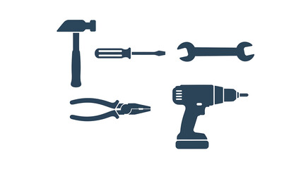 Collection of repair tools Hammer, screwdriver, wrench, pliers, and drill - essential for construction and DIY tasks