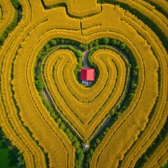 Aerial view of a heart shaped rice paddy with a small red house