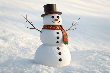 Obraz premium Festive snowman with a top hat and scarf standing in a snowy winter landscape
