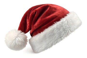 Festive santa hat with white fur trim isolated on a clean white background