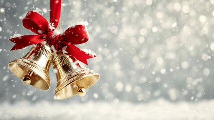 Golden christmas bells hanging from a red ribbon, celebrating festive winter holidays with falling snow and sparkling bokeh lights, creating a warm, cozy seasonal greeting card background - Powered by Adobe