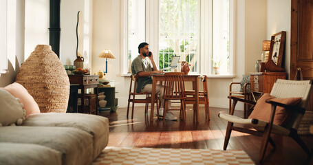 Home, phone call and man in lounge, communication and digital app with conversation. Apartment, mobile user and person in living room, smartphone and calling with discussion, internet and talking