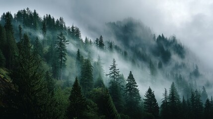 A misty forest with tall trees and a foggy atmosphere. The trees are covered in a thick layer of fog, creating a serene and peaceful mood. The misty forest is a beautiful and tranquil place