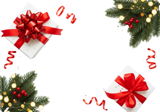 Festive christmas gifts and garland with lights on black background