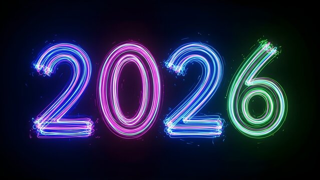 Vibrant Neon Light Trails Form the Year 2026 on a Dark Background - Powered by Adobe