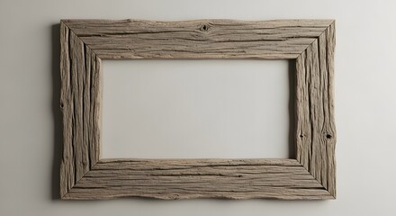 Rustic weathered driftwood picture frame with empty white space for text or image