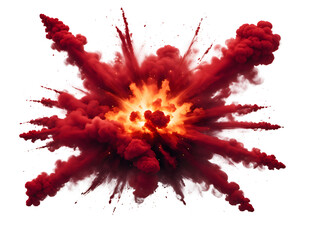 Vibrant red smoke explosion bursting outwards from a bright fiery orange core, creating a powerful chaotic, isolated on transparent background